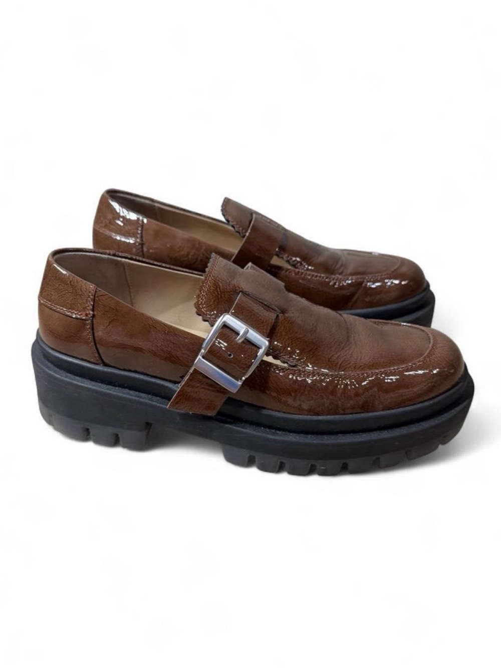 Free People Mackenzie MJ Brown Patent Leather Lug Sole Loafers Size 36.5